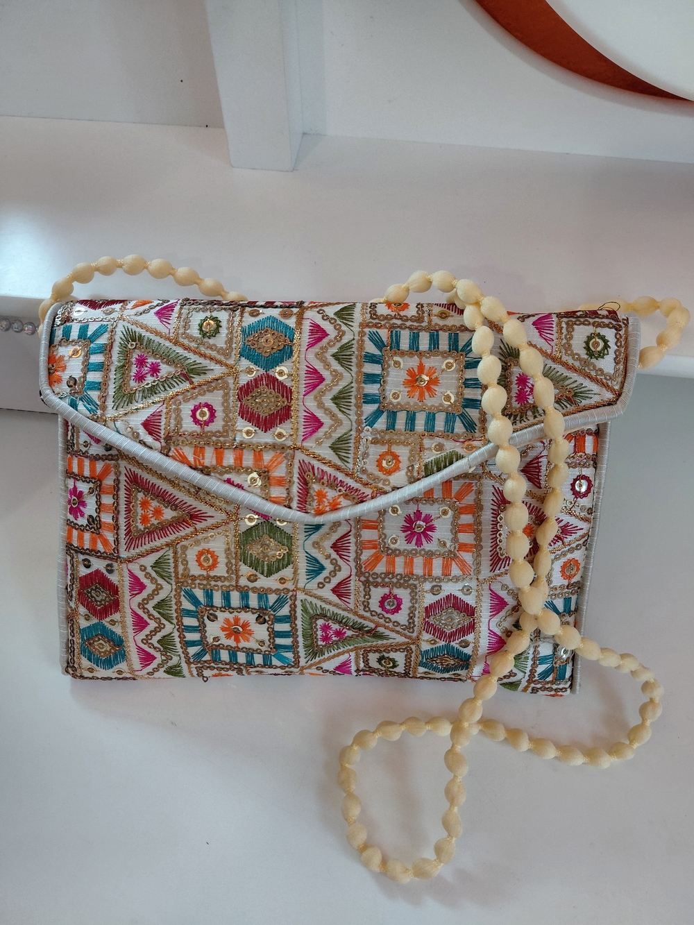 Embroidered Multicolor Beaded Strap Envelop Clutch Ethnic Women's Crossbody Bag